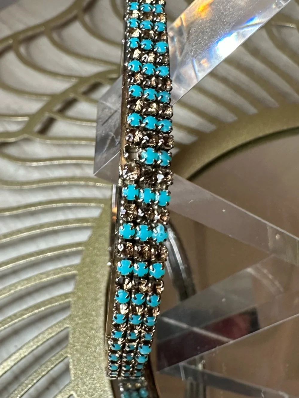 Turquoise Gold Rhinestone Bangle Bracelet Set 2 Pc Square Wavy Stack Glam Boho - Picture 7 of 9
